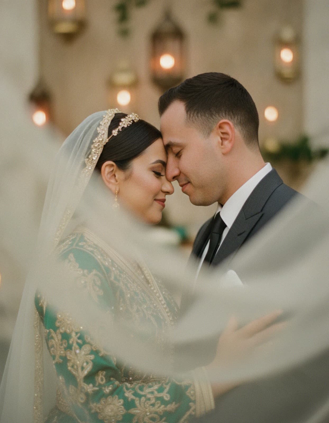 Bride and groom under the veil